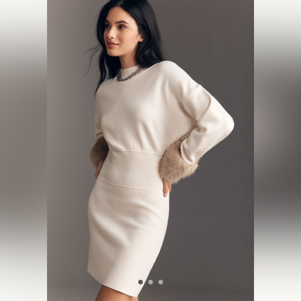 Anthropologie Cream Knit Pullover Dress with Faux Fur Trim 3X